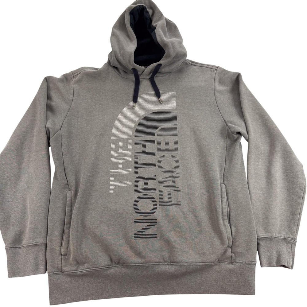 The North Face Hoodie Mens Large Gray Pullover Fleece Sweatshirt Vertical Logo